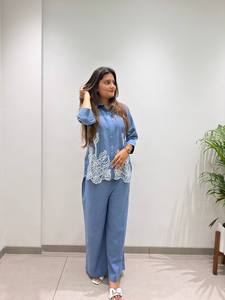 <b>Women's</b> Blue Cotton Embroidered <b>Kurta</b> Set With Floral Design Loose Fit Casual Wear India Pakistan Style All Seasons - Product Image 2