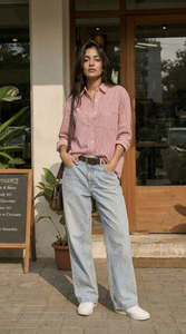 Chemise rayée à manches longues boutonnée, coupe ample, décontractée, avec poches, en coton et bambou, taille naturelle, col rabattu - Product Image 2