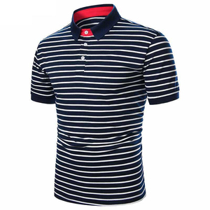 Men's Striped Short Sleeve Polo Shirt Cotton Knitted Breathable Casual Regular Fit Navy White Pattern - Product Image 1