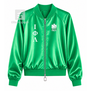 Custom Iota Phi Lambda Sorority Breathable Satin <b>jacket</b> with Embroidered Logo on Front green and <b>White</b> full Sleeve <b>for</b> Female - Product Image 1