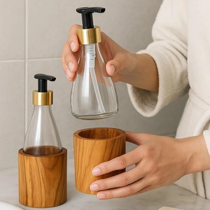 Distributeur de savon en verre élégant avec support en bois, idéal pour le lavage du visage et des mains, organisateur de comptoir de salle de bain, provenance Inde - Product Image 6