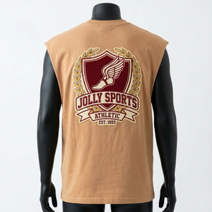 Camiseta sin mangas de algodón jersey beige con diseño gráfico, ligera, con logo personalizado, 100% algodón, para hombre, corte holgado, estampada. - Product Image 3