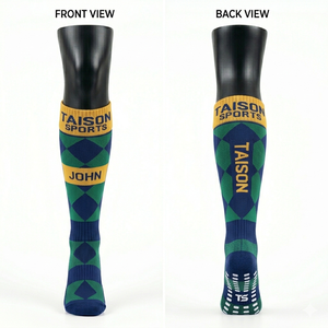 Women Rugby <b>Socks</b> Premium 180 GSM Cotton Nylon Spandex Blend Blue Green Stripe Panel Jacquard Logo Knit Cushioned <b>Grip</b> Fit - Product Image 2