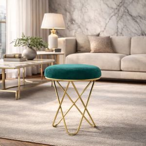 Pouf rembourré en velours vert émeraude de luxe, 45 cm, base en métal doré, siège pliable pour chambre à coucher, salon, entrée - Product Image 1