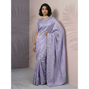 Sari en soie léger et festif, couleur framboise pure, avec broderie Leheriya et bordure à sequins, brodé, avec chemisier, pour mariages - Product Image 6