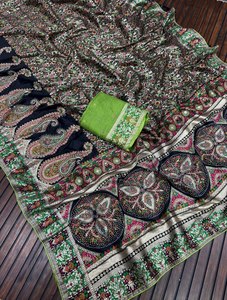 Sari Tradicional Indio de Seda con Diseño Paisley Bordado en Verde y Negro, Traje de Boda para Mujer - Product Image 2