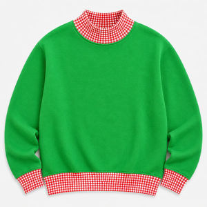 Sweat-shirt vert à col rond avec col et poignets à carreaux rouges, pull en coton tricoté décontracté pour femmes, vêtements d'automne - Product Image 2