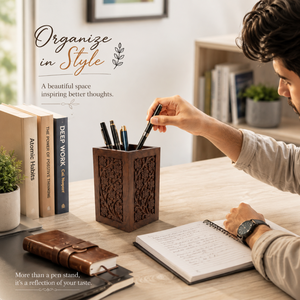 Handmade Indian Rosewood Pen Stand | Premium Floral Carved Desk Organizer | Lightweight Eco Friendly Stationery Holder Home - Product Image 4