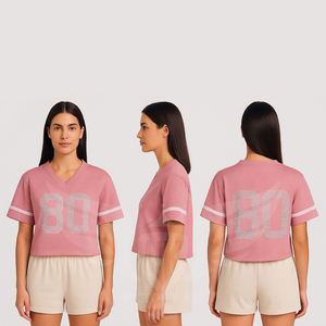 Maillot de football court personnalisé pour femme avec strass, numéro scintillant, en maille rose, style crop top sportif - Product Image 1