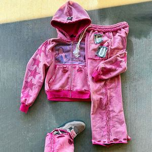 Custom <b>Applique</b> <b>Patch</b> Print Sweat Suits Jogging Acid Wash Zip up Hoodies and Sweatpants Set Leg Pants Cropped pink Sweatsuit Set - Product Image 5