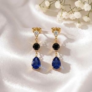 Elegant Sapphire & Black Obsidian Pear Drop <b>Earrings</b> CZ Accent Minimalist Handmade Gemstone <b>Stud</b> Dangle <b>Earrings</b> Gift For Her - Product Image 4