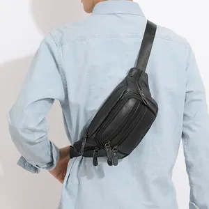 High Quality Genuine Black Leather Multi Zipper Chest Crossbody <b>Bag</b> for Men Premium Adjustable <b>Strap</b> Sling Waist Pack Low MOQ - Product Image 6
