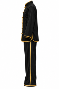 Uniforme de Kung Fu noir personnalisé, logo personnalisé, boutons nœud grenouille dorés, passepoil contrastant, tenue d'arts martiaux, vente en gros, fabricant OEM - Product Image 3
