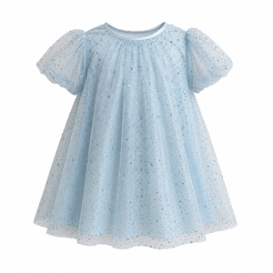 Girls Light Blue Dot <b>Print</b> Tulle Puff Sleeve A-Line Dress Round Collar <b>Mini</b> Summer Cute Style - Product Image 3