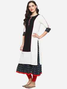 Womens White Black Cotton Flex Printed A Line Kurta With Inner Set Keyhole Neck <b>Three</b> Fourth Sleeves Designed Global Casual Wear - Product Image 4