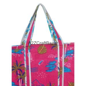 กระเป๋าผ้าฝ้ายเย็บมือลายดอกไม้พิมพ์ลายบล็อกอินเดีย หูหิ้วยาว สำหรับผู้หญิง เหมาะสำหรับการช้อปปิ้งและพกพา - Product Image 5