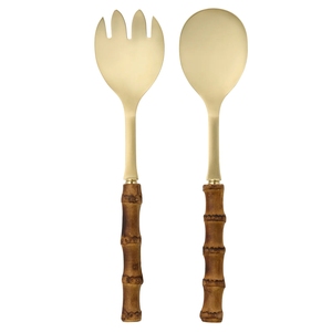 Ensemble de couverts de luxe en acier inoxydable avec manche en bois segmenté fait main et finition dorée, comprenant cuillère et fourchette de service pour salade, idéal pour buffet, hôtesse et table, ou comme cadeau. - Product Image 3