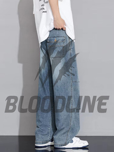 Pantalones Cargo de Mezclilla Lavada a la Piedra para Hombre BLOODLINE, Cintura Media, Corte Holgado, Estilo Urbano, Jeans de Algodón para Otoño - Product Image 4