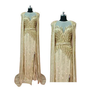 Vestido de Noche de Lujo con Cuentas Doradas Hechas a Mano y Manga Tipo Capa, Vestido Formal de Diseñador Hecho a Medida, Proveedor Mayorista - Product Image 1