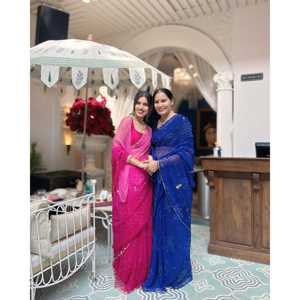 Sari indien de style traditionnel, très beau, produit phare, sari en soie bleu Neelam, sari Bandhani, matière Georgette pour les mariages - Product Image 2