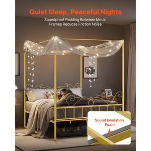 Queen Size <b>Metal</b> Canopy Bed <b>Frame</b> with Minimalist Four Posters Headboard Heavy Duty Steel Slats Support Minimalist Design - Product Image 4