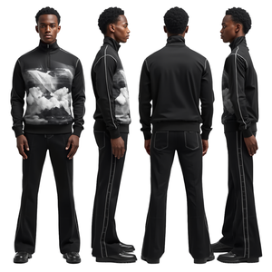 Contemporary Men Flare <b>Tracksuit</b> Featuring Crystal Horizon Graphic Artwork with Quarter Zip Styling and Wide Leg Fashion Design - Product Image 4