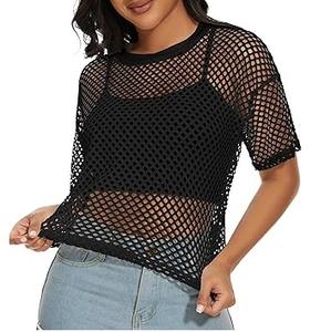 เสื้อยืดตาข่ายซีทรูเซ็กซี่สำหรับผู้หญิง สีดำ แขนสั้น เสื้อครอปสำหรับฤดูร้อน เสื้อตาข่าย - Product Image 4