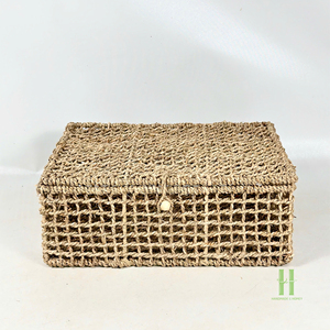 Durable Seagrass Storage Box with Lid Hand-woven Rectangular <b>Wicker</b> Basket Braided Natural Grass Organizer <b>Bin</b> for Multi-purpose - Product Image 1