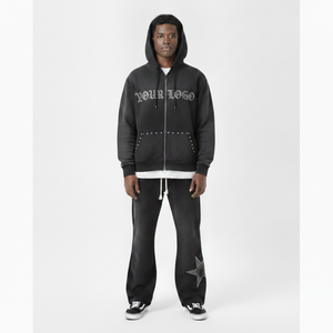 Unisex Hooded Tracksuit Set Custom Printed Solid Rhinestone Logo Full <b>Zip</b> <b>Sweatshirt</b> Loose Fit Sweatpants Streetwear Winter Wear - Product Image 1