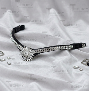 Frontal de boulangerie en cuir noir pour cheval, avec centre en strass transparents motif tournesol - Product Image 5