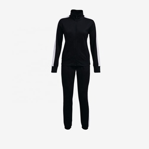 Survêtement noir pour femme, longueur intégrale, avec bandes latérales blanches, fermeture éclair sur le devant, col montant, style sportif, matière polyester respirante - Product Image 3