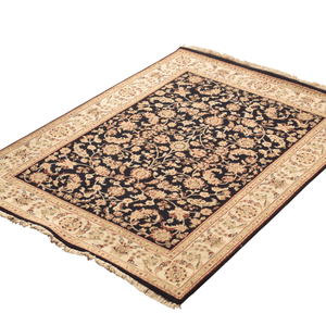 Tapis d'intérieur bleu marine à motifs floraux noué à la main, à poils ras, résistant aux taches, en laine de Nouvelle-Zélande - Product Image 4