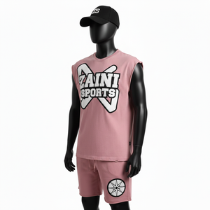 Ensemble short et t-shirt sans manches pour homme, coton jersey respirant, rose, avec logo personnalisé. - Product Image 4