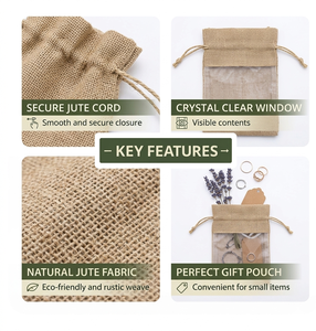 Bolsa Ecológica y Duradera de Yute con Cordón, Ventana Transparente, Impresión Personalizada, para Joyería, Cosméticos y Regalos - Product Image 5