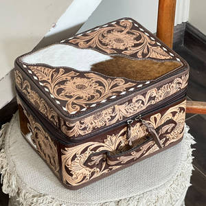 Nouvelle boîte de rangement pour bijoux en cuir artisanal de style western, boîte de rangement de luxe en cuir de vachette avec fermeture à glissière, étui de voyage pour maquillage - Product Image 2
