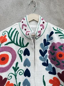 Women <b>White</b> Cotton Suzani Embroidered <b>Jacket</b> Multicolor Floral Handcrafted Boho Ethnic Stand Collar <b>Short</b> Coat - Product Image 4