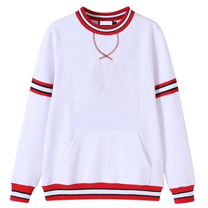 Sweat-shirt blanc à col rond pour femme avec bordure à rayures rouges et poche avant, haut décontracté en tricot à manches longues - Product Image 1