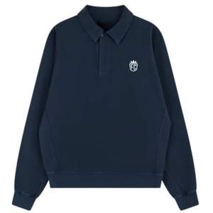 Sweat-shirt polo côtelé épais délavé bleu marine à manches longues et col tricoté, style décontracté pour homme, coupe confortable, qualité supérieure - Product Image 1