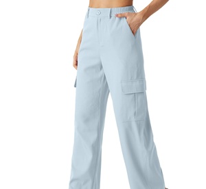 Pantalones Cargo de Cintura Alta para Mujer, Color Azul Claro Sólido, Corte Holgado, Cintura Elástica, Largos, Casuales, Transpirables, de Tela Tejida para Verano - Product Image 3