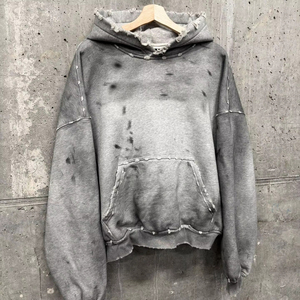 Custom <b>Grey</b> Vintage Acid Wash Raw Edge Distressed Cropped <b>Plain</b> Dyed Heavyweight French Terry Streetwear <b>Men's</b> Casual <b>Hoodies</b> - Product Image 5