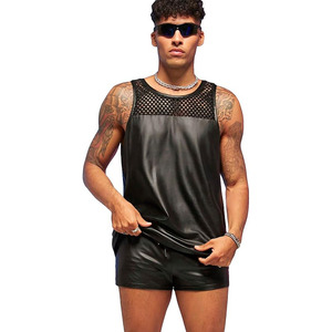 Men's 2 Piece Outfit Mesh Sheer Pu Leather Tank Top and Track Shorts <b>Set</b> - Product Image 1