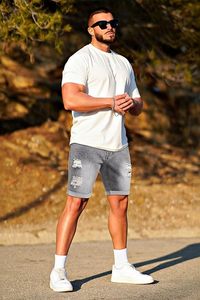 Shorts en jean déchiré pour homme, taille mi-haute, en coton, style décontracté d'été, coupe droite, gris délavé - Product Image 6