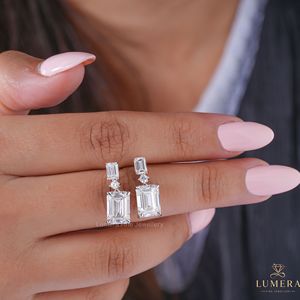 IGI Certified Emerald Cut Lab Created Diamond Multi Stone Drop With Round Diamond <b>Earrings</b> Elegant Gold Jewelry for Your Wife - Product Image 2