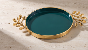 Plateau de service rond en métal émaillé vert sarcelle avec poignées décoratives en feuilles d'or, idéal pour la table, le café, la vanité ou comme plateau à nourriture. - Product Image 5