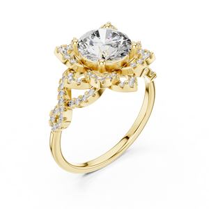 Anillo de Compromiso de Lujo en Oro Amarillo de 18K con Diamante de Corte Redondo y Halo Floral con Banda Pavé |   Anillo de Novia de Diseño para Mujer - Product Image 1
