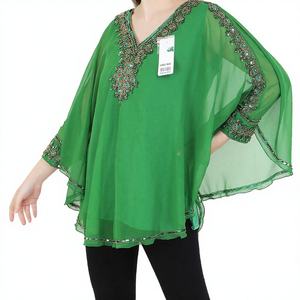 Hot Selling Trendy V-neck Muslim Beaded <b>Sequins</b> Short Kaftan Caftan <b>Top</b> Woman Blouse Free Size <b>Long</b> <b>Sleeve</b> Slim Fit Kaftan <b>Top</b> - Product Image 1