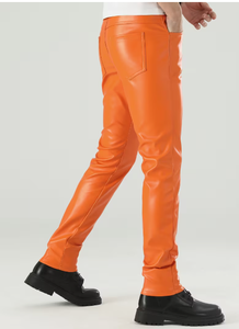 Spezia International Men's Orange PU Coated Straight Fit Casual <b>Trousers</b> <b>Elastic</b> <b>Waist</b> Heavyweight Woven Fabric Winter Style - Product Image 2