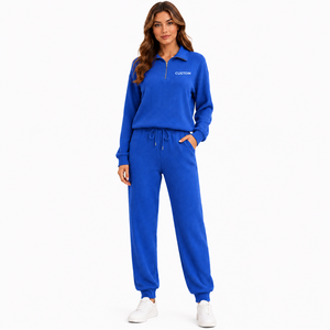 Ensemble de survêtement côtelé bleu de qualité supérieure, haut à col zippé et pantalon de jogging, logo personnalisé, vêtements de sport décontractés, vente en gros OEM, direct usine - Product Image 1