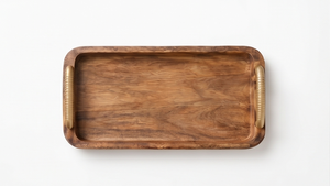 Plateau de service rectangulaire artisanal en bois de manguier, plateau décoratif avec bord droit et quincaillerie dorée - Product Image 5