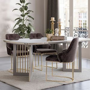 Ensemble de salle à manger moderne de luxe en teck massif, table rectangulaire dorée avec 6 chaises, mobilier contemporain pour villa, maison, cuisine - Product Image 1